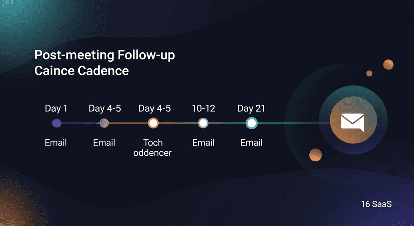 A timeline graphic showing the post-meeting follow-up cadence (Day 1, Day 4-5, Day 10-12, Day 21) with labels for email type at each touchpoint
