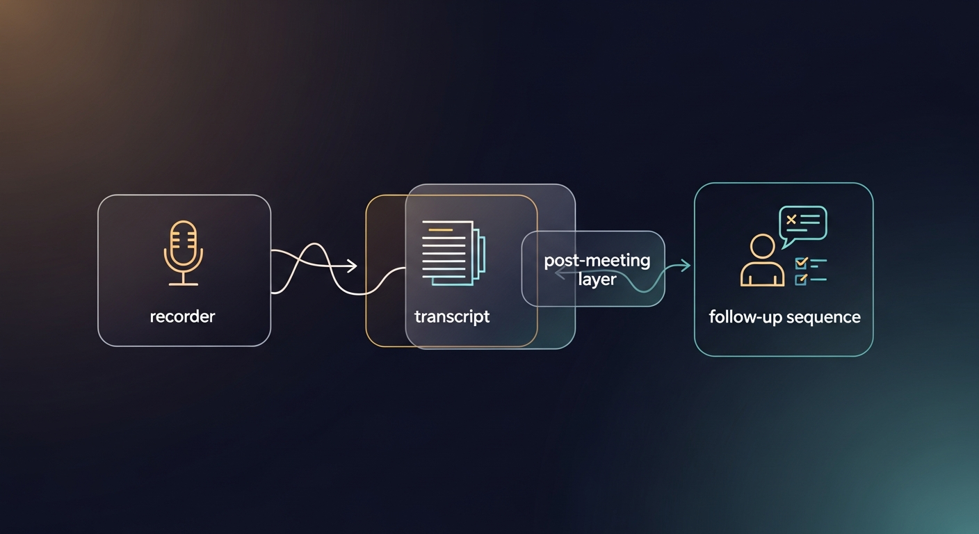 simple three-box diagram (recorder → transcript → follow-up sequence) with