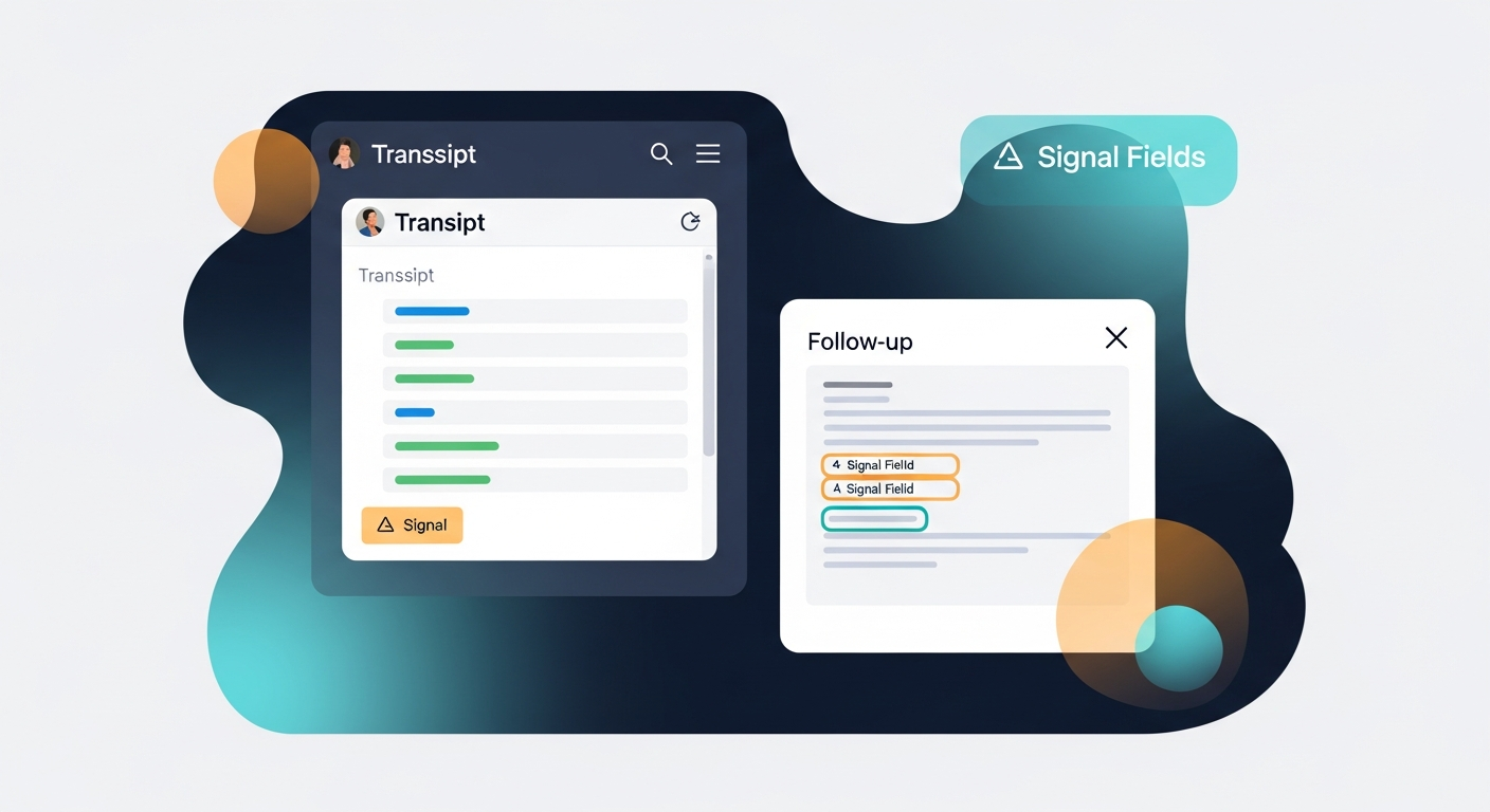 screenshot mockup of a transcript pasted on the left and a follow-up email draft on the right, with the four signal fields highlighted